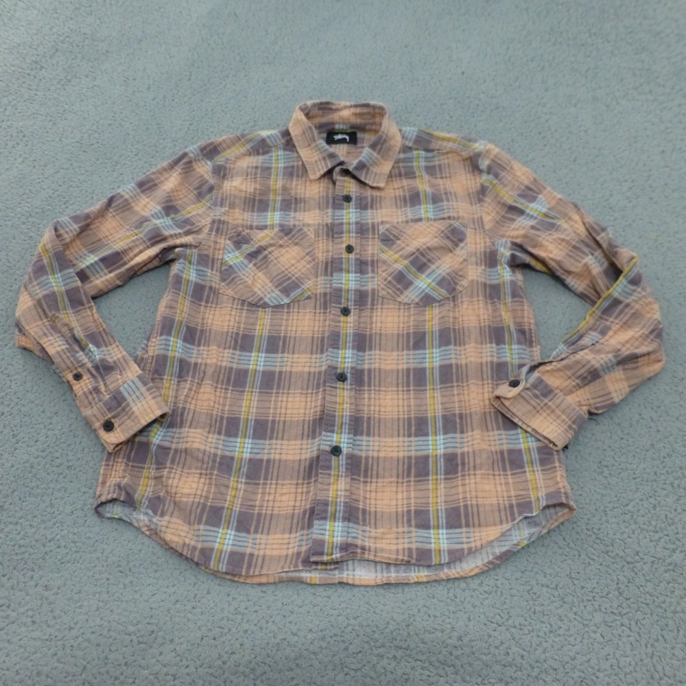 Stussy Shirt Mens Size Small Plaid Flannel Button Down Pink Gray Long Sleeve